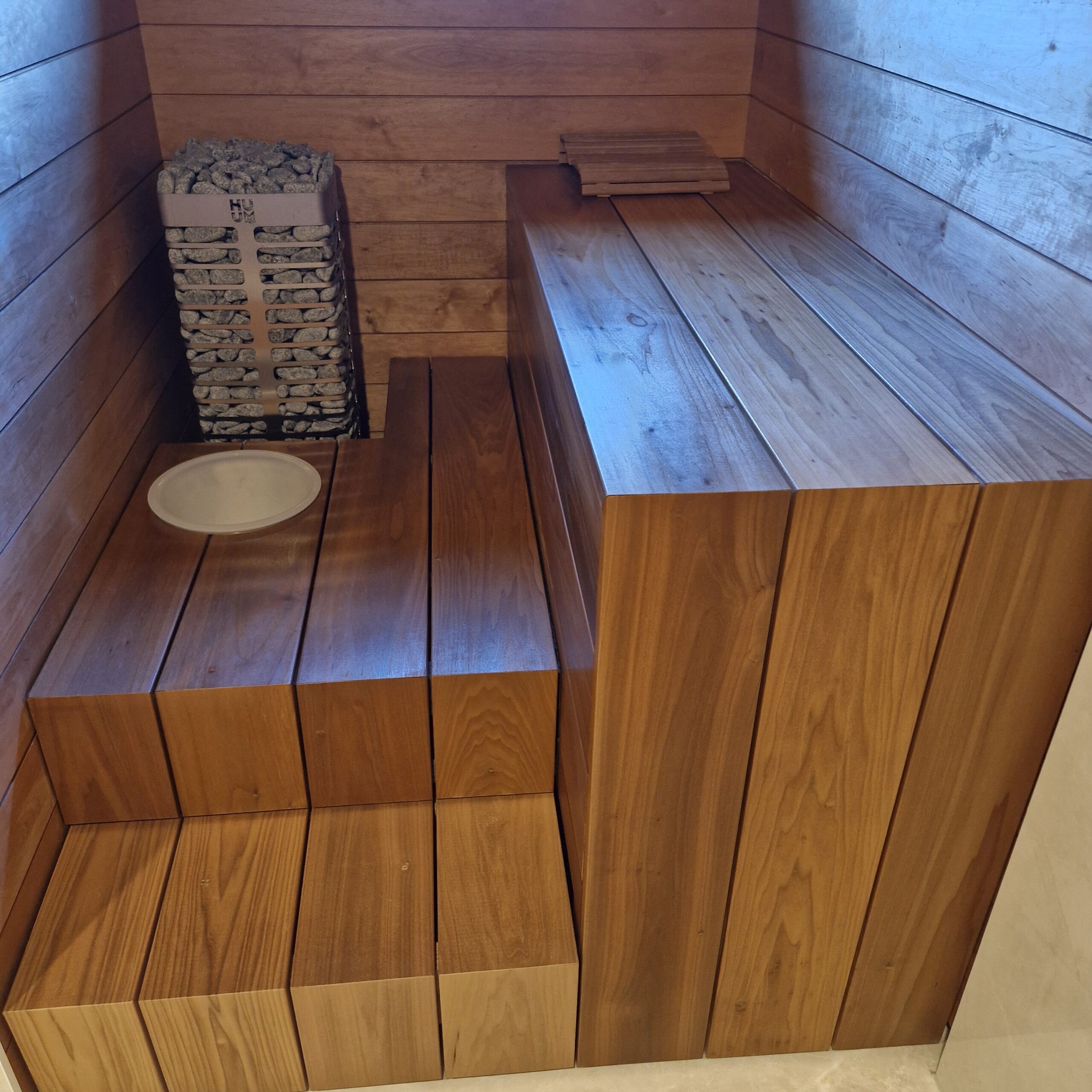 a wooden bench in a sauna